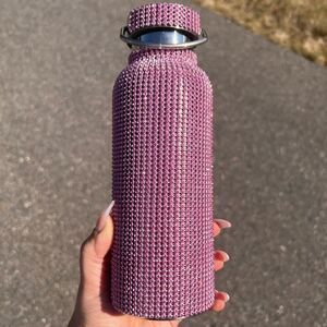 Pink Rhinestone Water Bottle with Pink Crystals & Detachable Strap